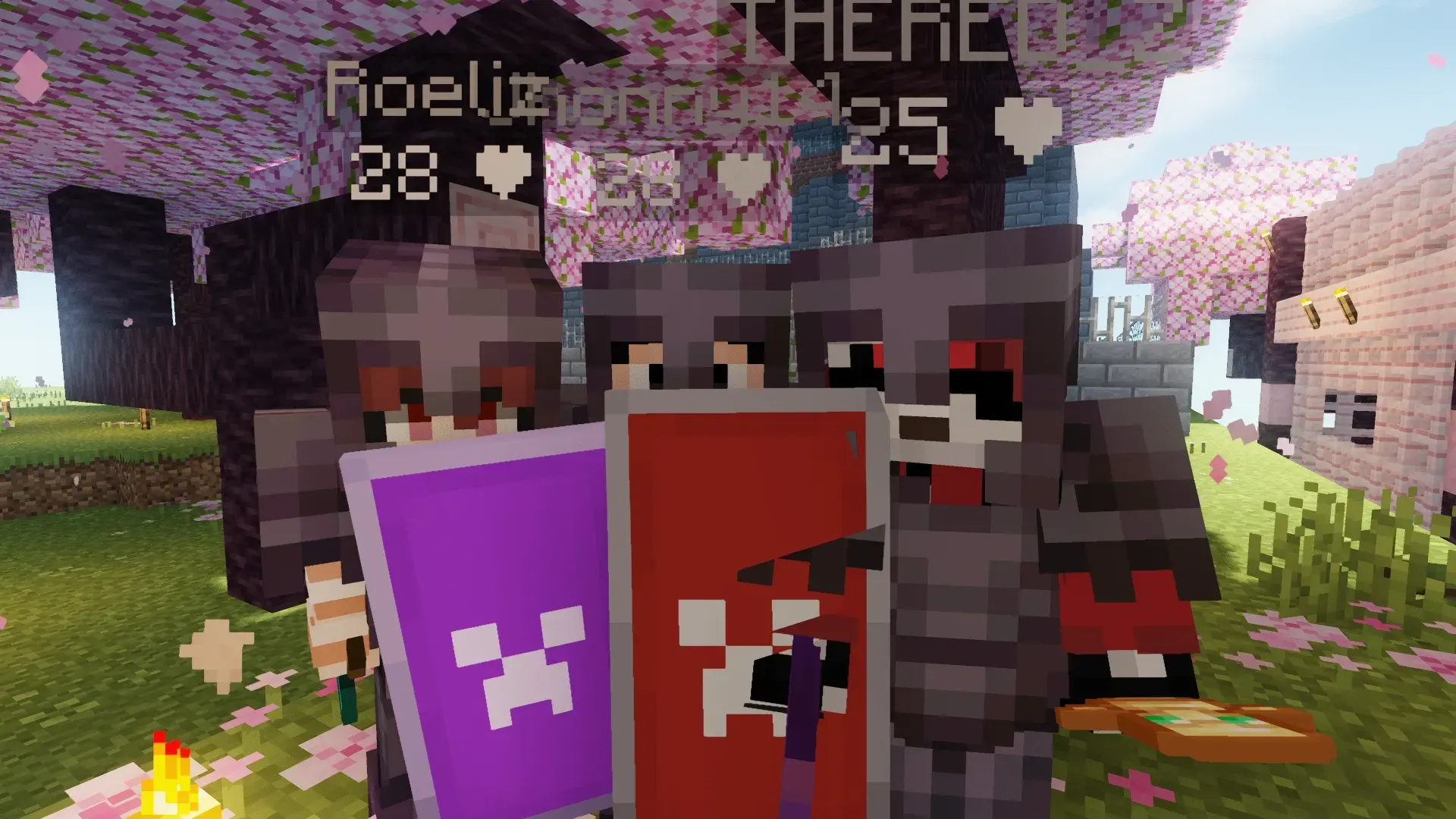 3 jugadores de minecraft mostrando el escudo con decoracion en minecraft